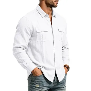 Close-up of white linen long-sleeve shirt with double chest pockets for men