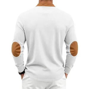 Detailed back view of a men's white waffle knit long sleeve shirt with brown elbow patches