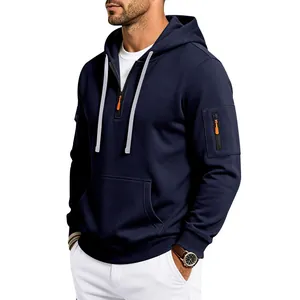 Felpa con cappuccio pesante blu navy da uomo con mezza zip e tasca sulla manica in stile
