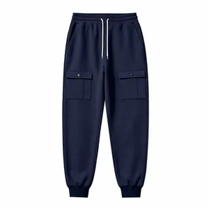Navy blue fleece-lined cargo sweatpants with drawstring waist and large snap button pockets