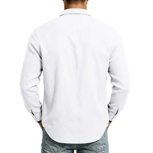 Detailed back view of a breathable white long-sleeve linen shirt for casual men's style