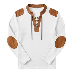 Detail view of men's waffle knit medieval Henley shirt with lace-up front and patches