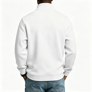 Detailed back view of a men's white relaxed fit half-zip sweatshirt with stand collar