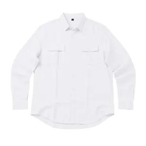 Detailed front view of white long-sleeve linen shirt with double utility pockets