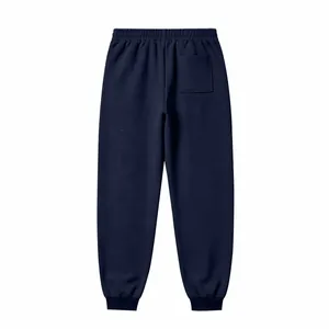Rear view of comfortable navy blue fleece-lined joggers featuring elastic waist and ribbed cuffs.