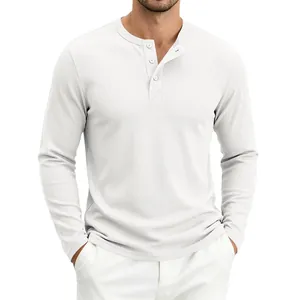 Close-up of white waffle knit Henley shirt with classic three-button placket detail