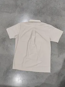Back view of a men's beige short sleeve quick-dry button-down shirt with a center pleat