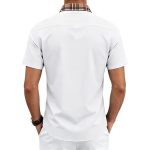 Back view of white men's short sleeve shirt with classic plaid contrast collar