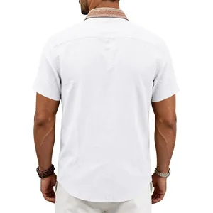 Back view of a white linen short sleeve shirt for men with vintage collar pattern