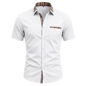 Men's white short sleeve button down shirt with brown plaid contrast collar detail