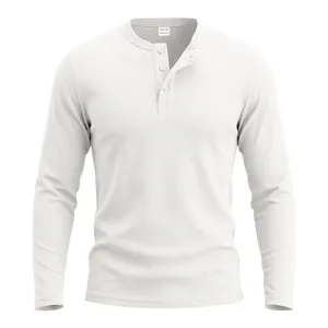 Close-up of white waffle texture on men's long-sleeved Henley collar casual base layer.