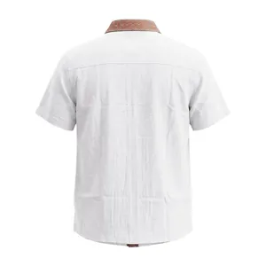 Back view of men's summer thin linen shirt featuring a vintage patterned collar detail.
