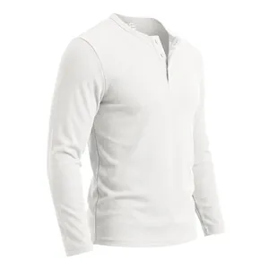 Close-up detail of white waffle knit Henley long sleeve t-shirt with buttons