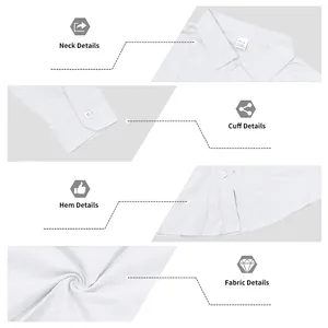Detailansichten von Kragen, Manschette, Saum und Stoff einer weißen Leinenbluse.