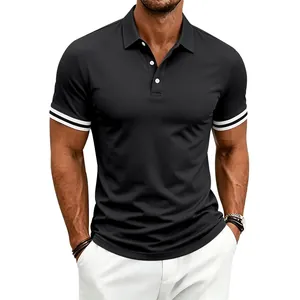 Macro view of black men's short sleeve Polo shirt with white striped cuff detail