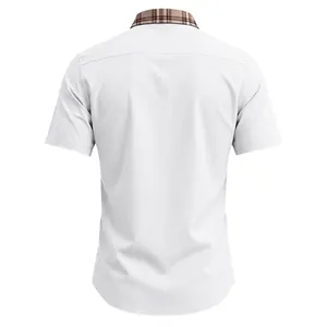 Back view of men's white short sleeve shirt with plaid contrast collar detail