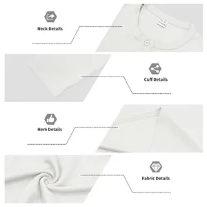 Close-up details of white waffle knit Henley shirt neck, cuff, hem, and fabric