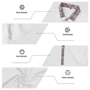 Detailed views of men's white shirt with plaid collar and cuff details.
