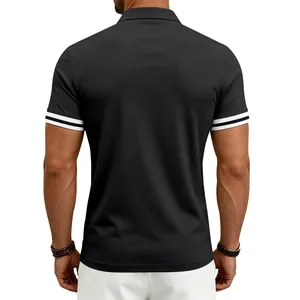 Back view of a men's black polo shirt featuring contrasting white striped cuffs