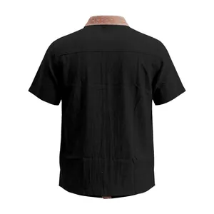 Back view of men's black linen short sleeve shirt with vintage patterned collar