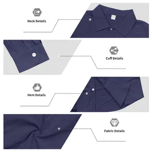 Primi piani dei dettagli della camicia di lino blu navy da uomo, tessuto e cuciture.