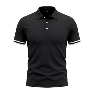 Detailed view of black men's Polo shirt with white double-striped cuffs and lapel.