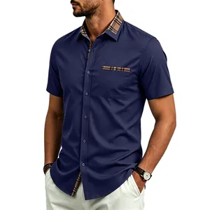 Classic men's navy blue short sleeve shirt featuring a stylish plaid collar and chest pocket