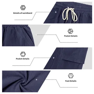 Primo piano dettagliato delle caratteristiche dei pantaloncini cargo in lino da uomo
