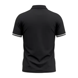 Back view of men's black polo shirt with double white stripes on cuffs.