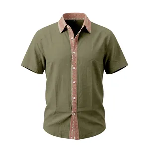 Men's olive green linen short sleeve shirt with retro ethnic pattern placket detail