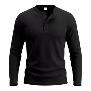 Front detail of men's black waffle knit Henley long-sleeve T-shirt with button collar