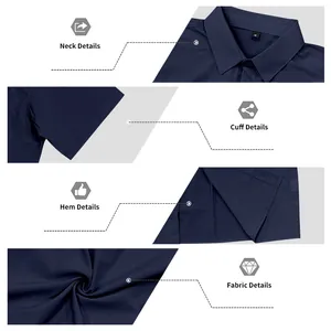 Detailed views of neck, cuff, hem and fabric on men's quick-dry short-sleeve shirt.