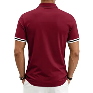 Detailed back view of wine red men's polo shirt featuring white double-striped cuffs