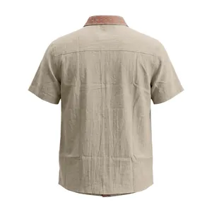 Back view of men's summer thin linen shirt with retro ethnic patterned collar detail