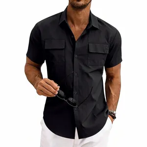 Detailed view of a black men's short-sleeved button-up cargo shirt with chest pockets
