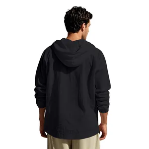 Back view of high-quality men's black cotton linen hooded casual long sleeve shirt