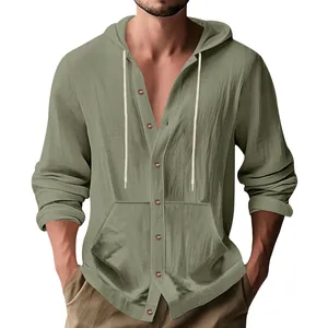 Detailed texture of men's olive green linen cotton hooded shirt with buttons