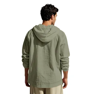 Back view showing the fabric texture and hood design of a men's sage green linen shirt.