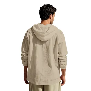 Back view of a stylish khaki cotton linen casual hooded long sleeve shirt for men
