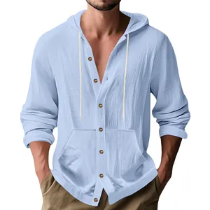 Detail view of a light blue cotton linen hooded casual shirt for men with pocket