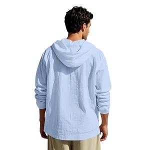 Back view of a men's light blue cotton linen hooded long sleeve casual shirt