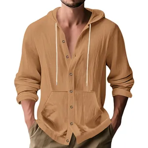 Men's casual cotton linen hooded shirt with long sleeves and front pocket in tan.