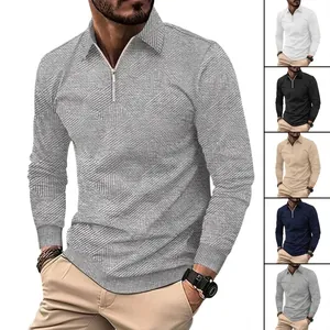 Sudadera de Jacquard para Hombre con Media Cremallera Estilo Americano Cuello Polo Pullover de Manga Larga Top Casual Holgado
