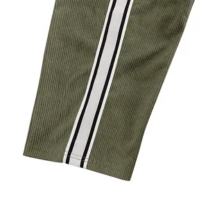 Close-up of olive green corduroy pants cuff featuring black and white side stripes.