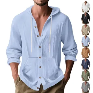 Men Casual Cotton Hooded Shirt Long Sleeve Fashion Solid Color Pocket Top Non-Iron Comfortable Streetwear Breathable Shirt