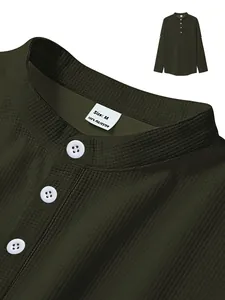 Close-up detail of a men's olive green waffle knit long sleeve henley shirt with buttons
