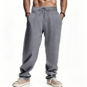 Men's casual loose grey corduroy pants with drawstring and side stripes