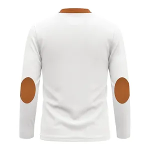 Back view of men's white waffle knit long sleeve T-shirt with brown elbow patches