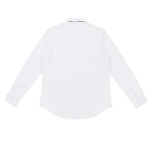 Back view of a breathable men's long-sleeve linen work shirt in classic white
