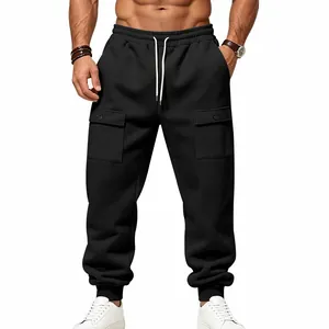 Close-up of black men's cargo sweatpants with drawstring waist and large side pockets.